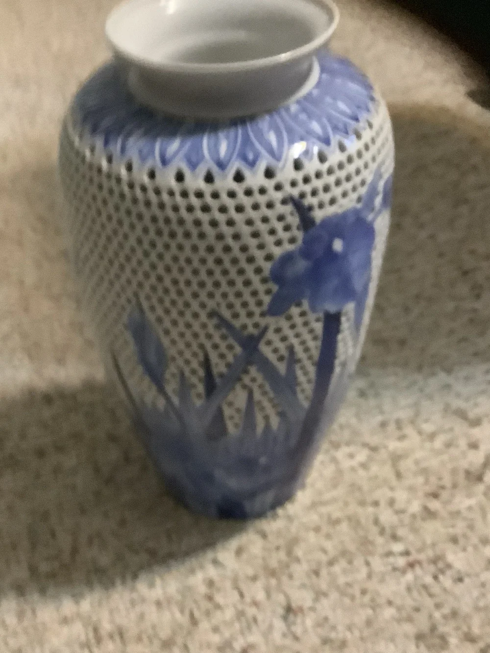 Blue Floral Pierced Ceramic Accent Vase, 12” tall